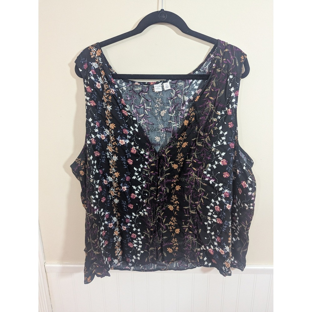 Melrose and Market Tank Top Black Floral Ruffle V-Neck Boho Floral 2X‎ NEW